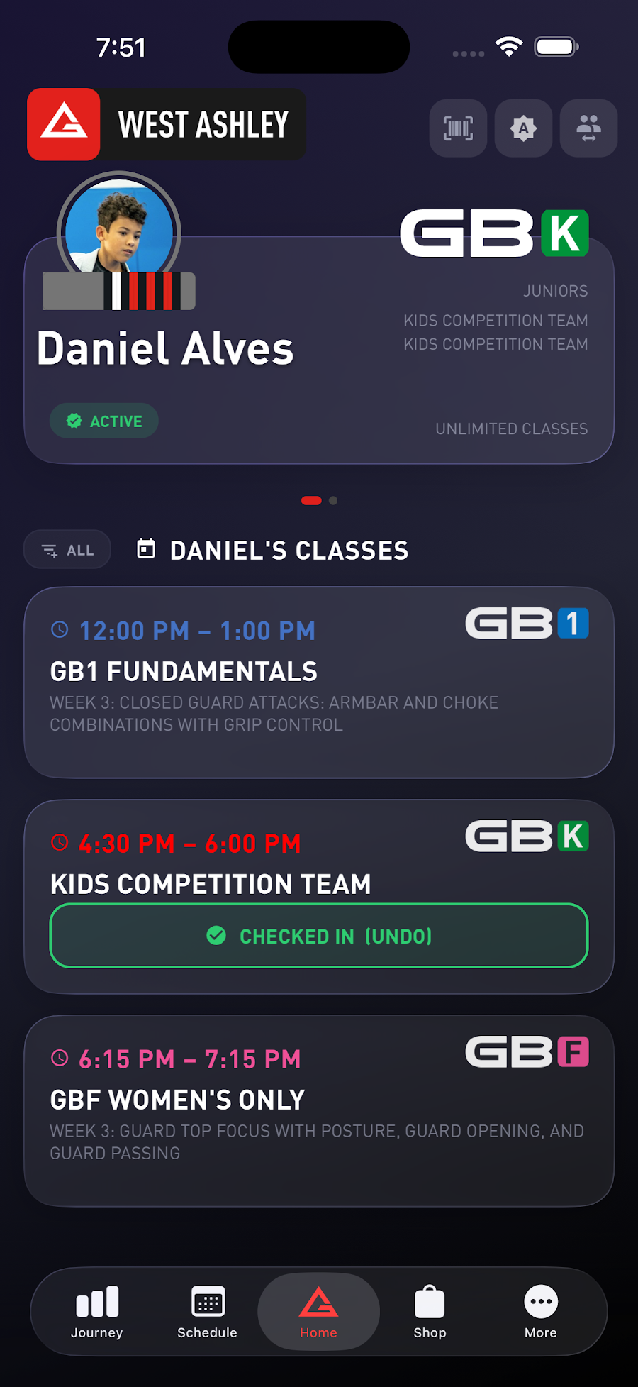 GB West Ashley app showing a family member profile, classes, and check-in on iPhone