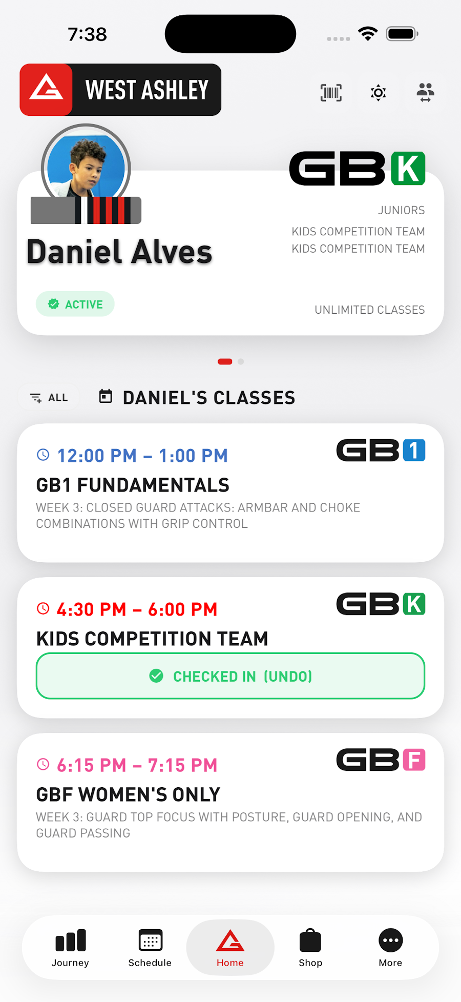 GB West Ashley member home screen on Android
